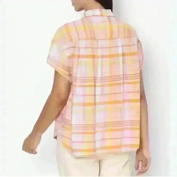 NWT American Eagle Plaid Short Sleeve Pink Orange Button Down Shirt Size X-Small - Picture 2 of 7